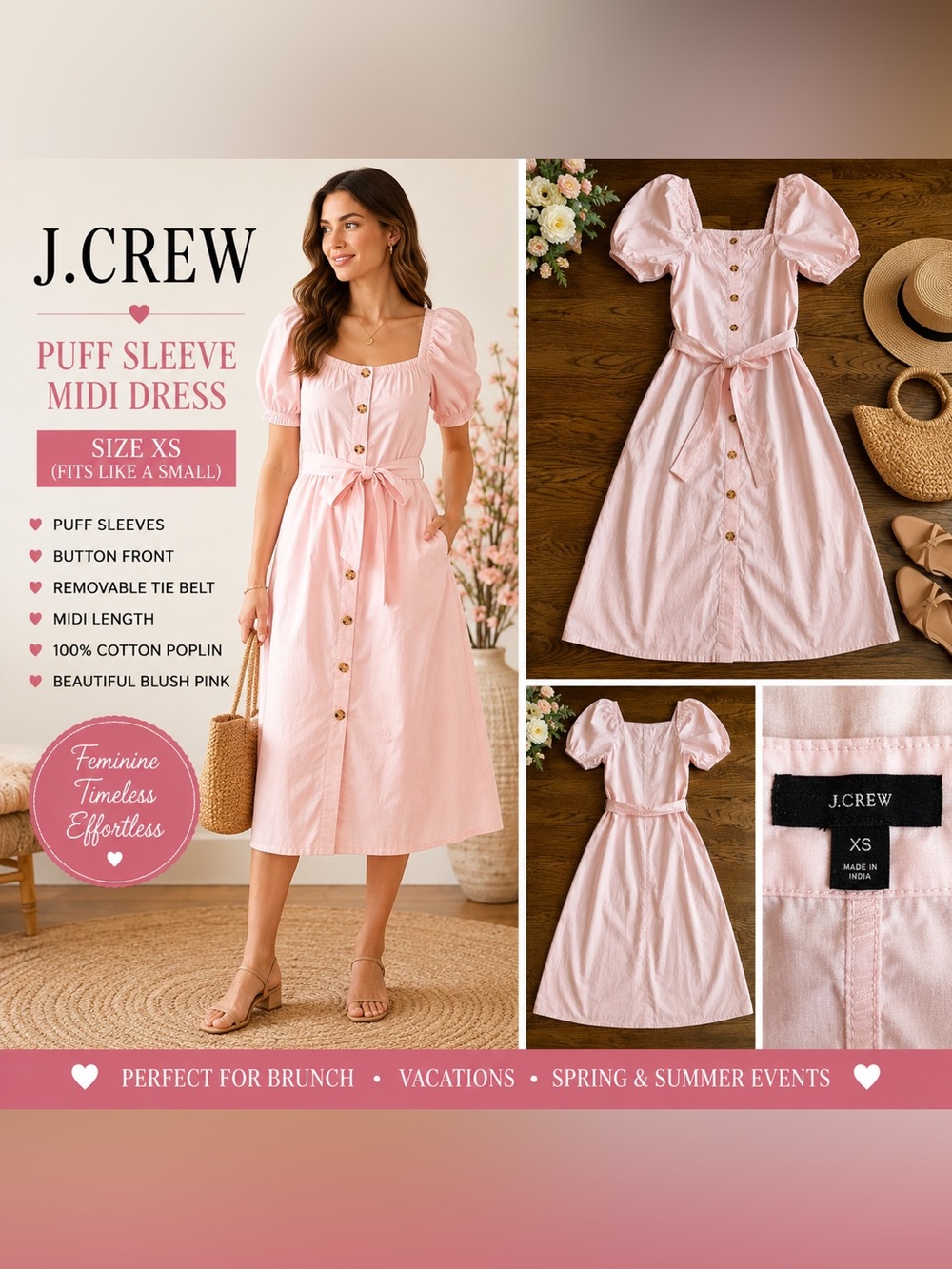 J.Crew Light Pink Puff Sleeve Midi Dress Size XS (Fits Like a Small)Cottagecore